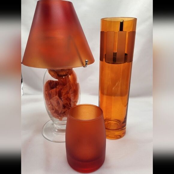 🩵PartyLite Vibrant Orange Candle Holder 3 Piece Set